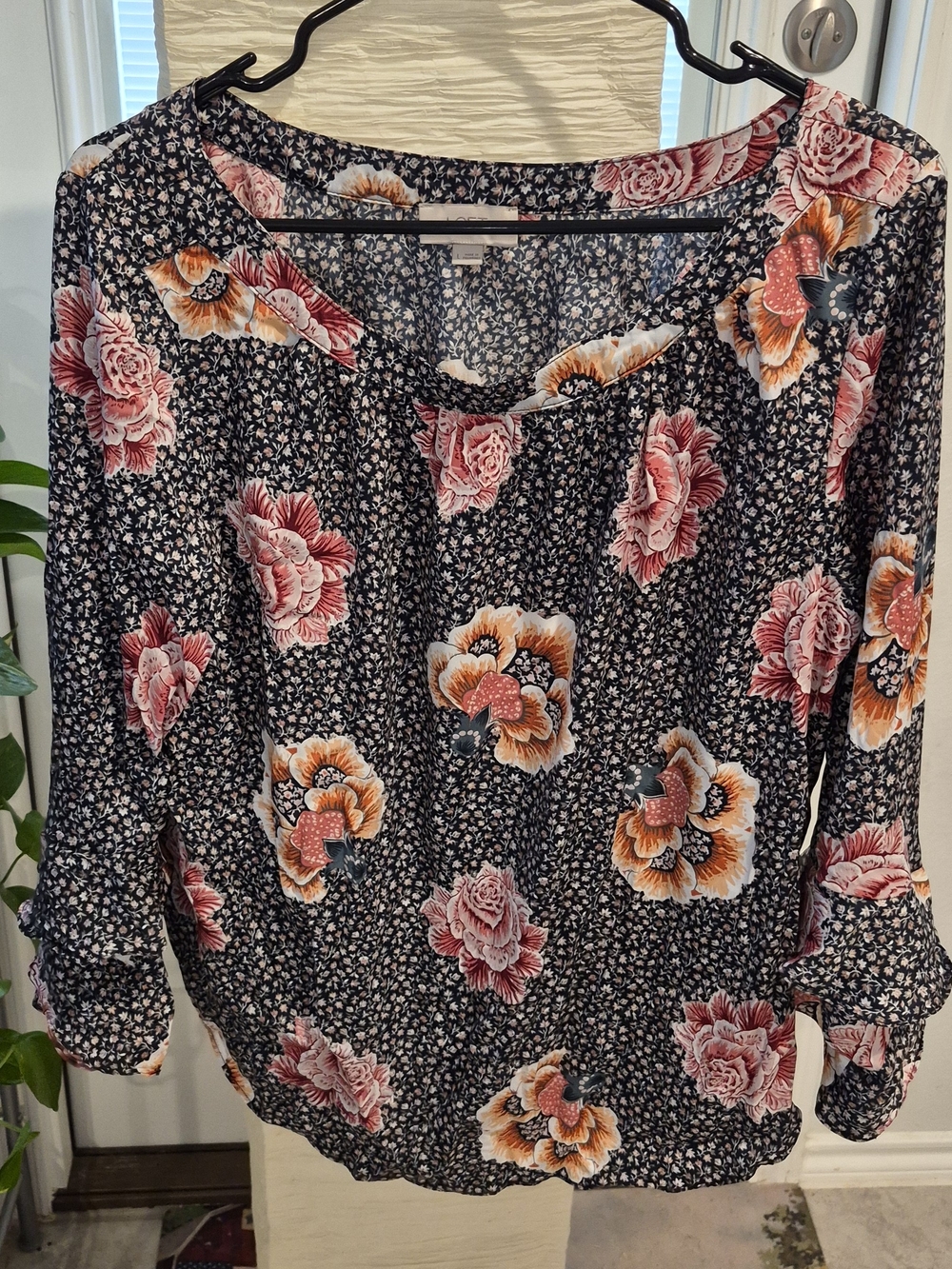 LOFT Black Floral Mixed-Print Long Sleeve Blouse